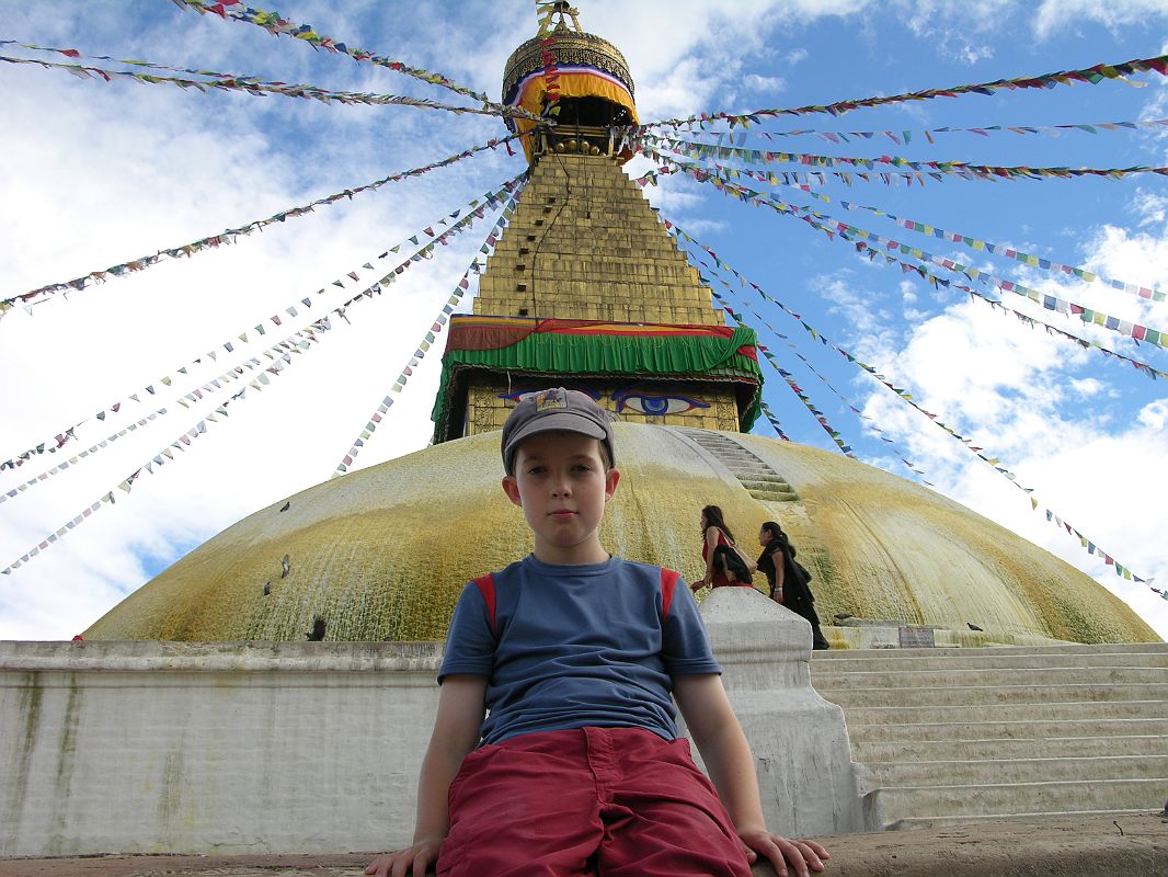 Kathmandu Boudhanath 15 Peter Ryan With Boudhanath Stupa Behind 2005 Peter Ryan and I circumambulated the Boudhanath Stupa in 2005 around the inside wall and along each platform, seeing many people prostrating. Peter was imagining a James Bond thriller called 